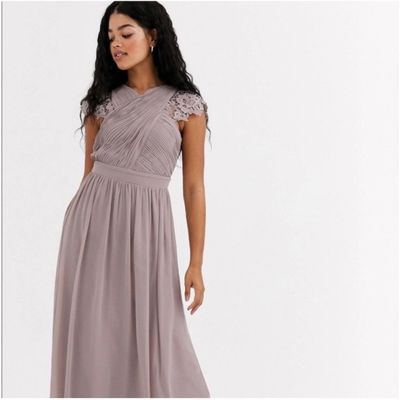 Little Mistress lace insert drape maxi dress in oyster - Picture 1 of 14